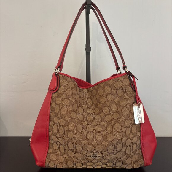 Coach Red Leather Brown Signature Jacquard Edie Shoulder Bag 31 - Picture 4 of 13